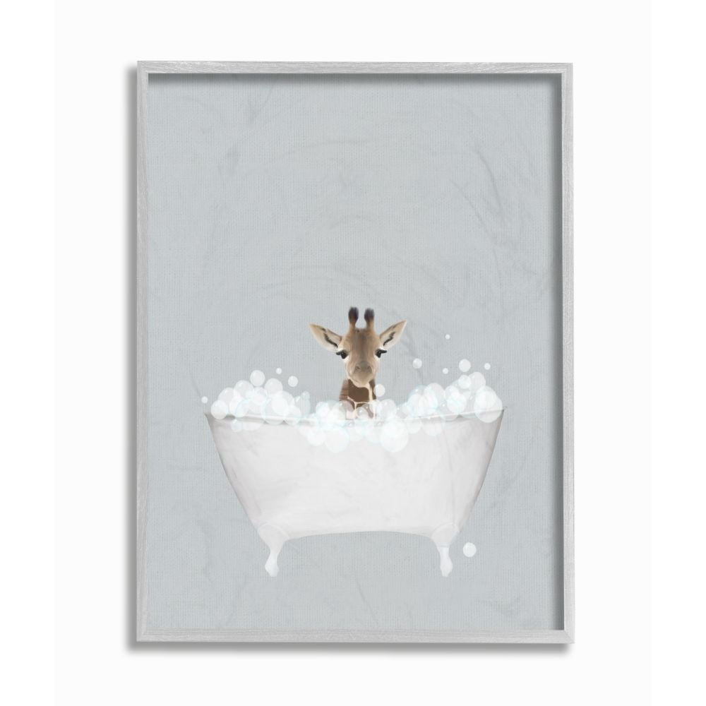 Stupell Industries Giraffe Blue Bath Cute Animal Design Graphic Art Gray Framed Art Print Wall Art, 11x14, by Leah Straatsma
