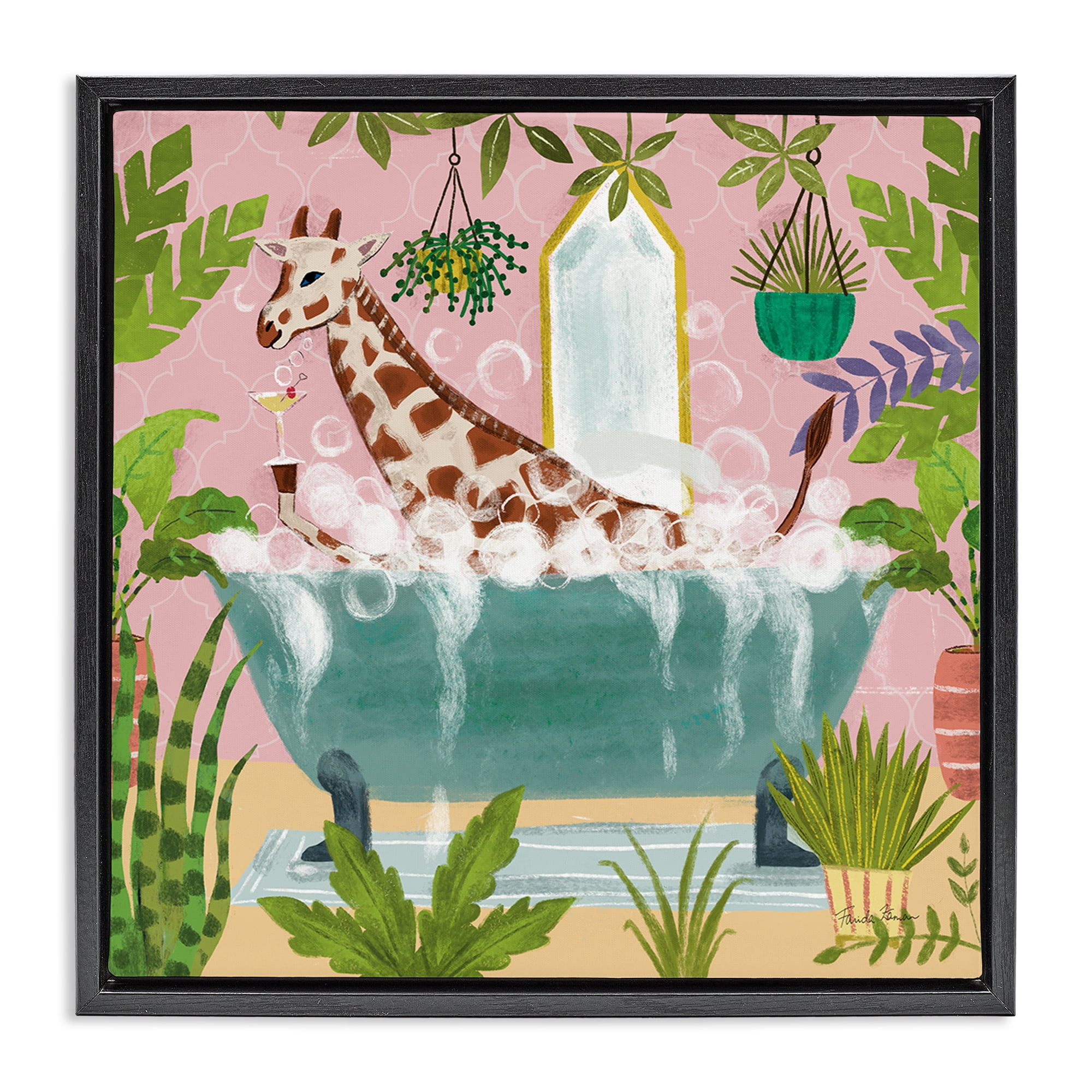 Stupell Industries Giraffe Fun Bath Time Typography Painting Black Floater Framed Canvas Art Print Wall Art, 25 x 25