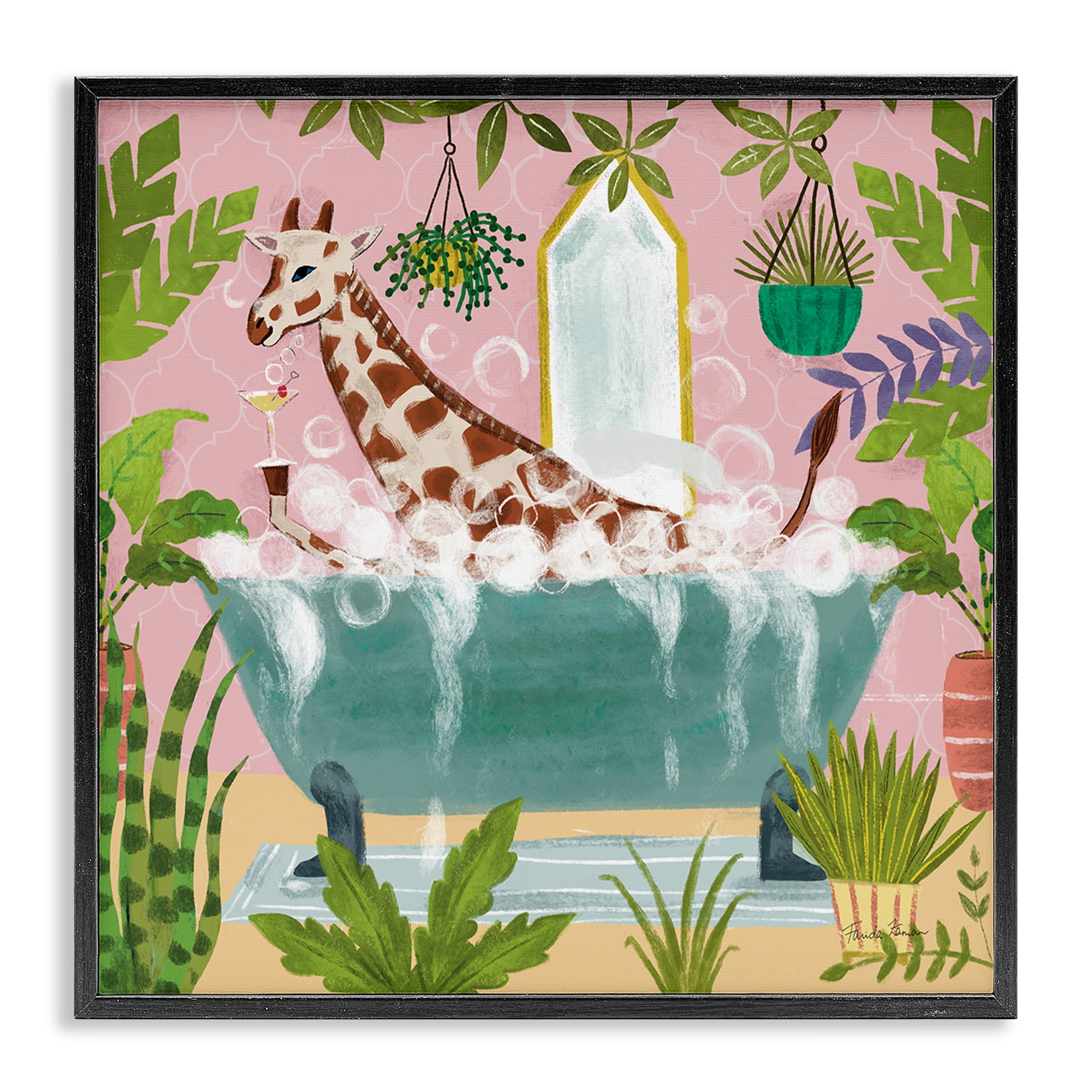 Stupell Industries Giraffe Fun Bath Time Typography Painting Black Framed Art Print Wall Art, 12 x 12