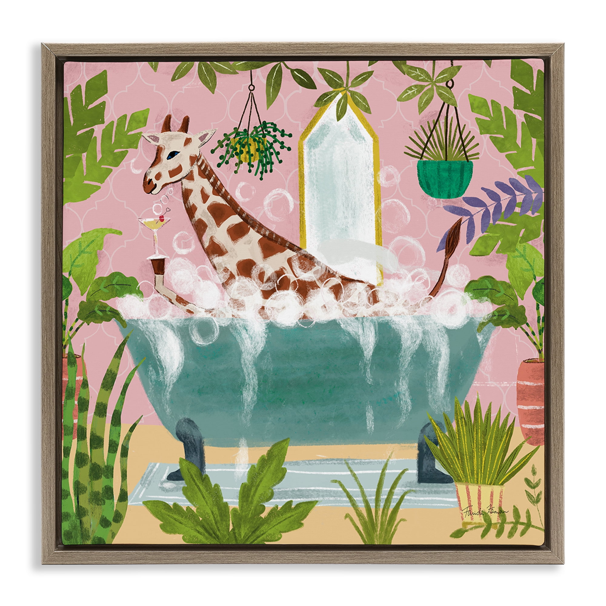 Stupell Industries Giraffe Fun Bath Time Typography Painting Brown Floater Framed Canvas Art Print Wall Art, 25 x 25