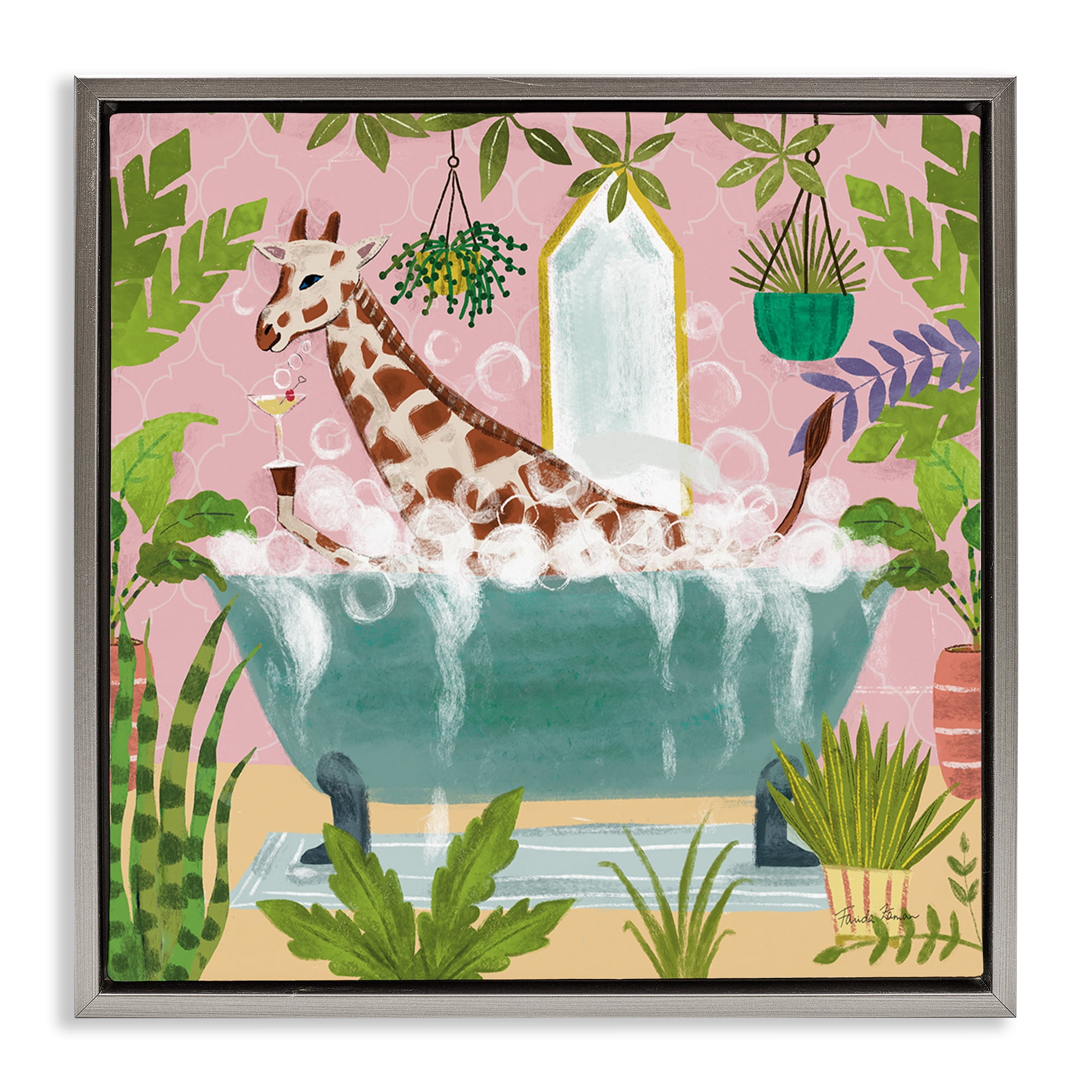 Stupell Industries Giraffe Fun Bath Time Typography Painting Gray Floater Framed Canvas Art Print Wall Art, 25 x 25