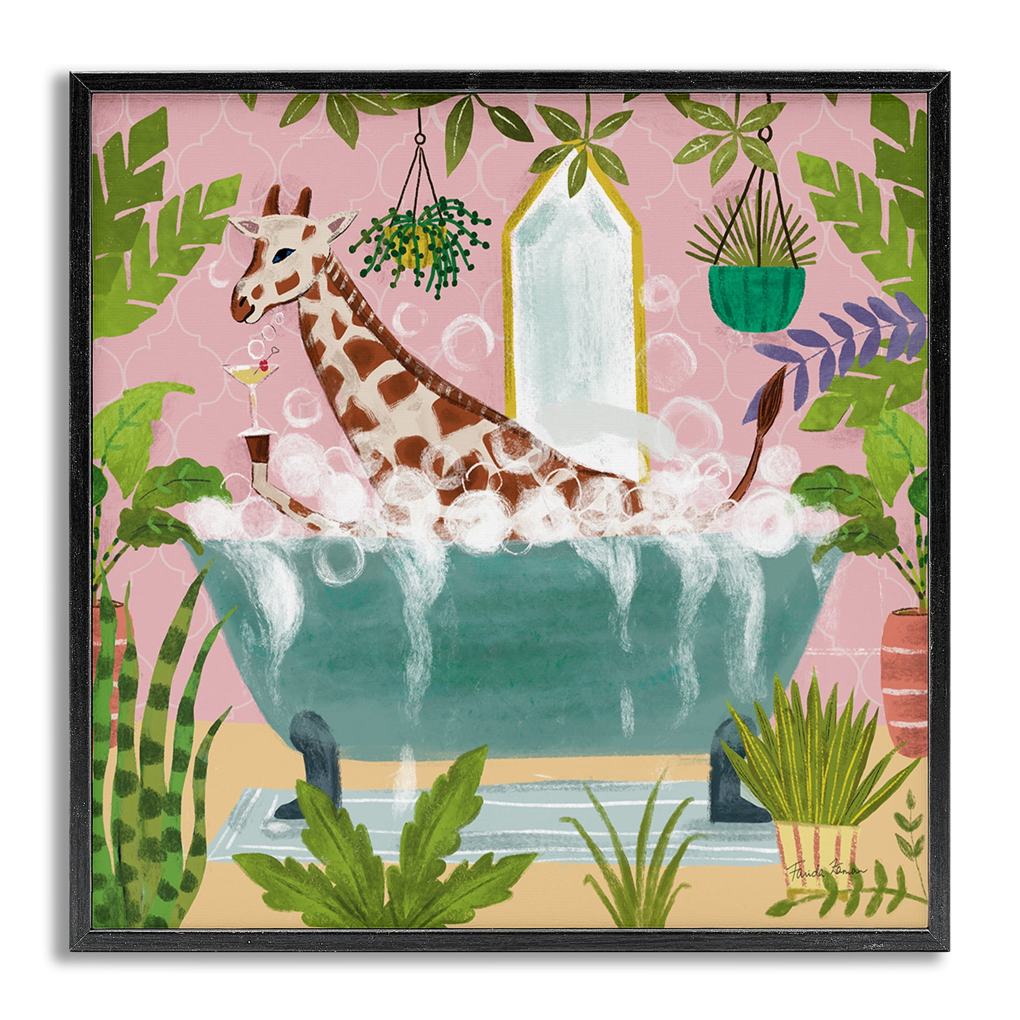 Stupell Industries Giraffe Fun Bath Time Typography Painting Gray Framed Art Print Wall Art, 24 x 24