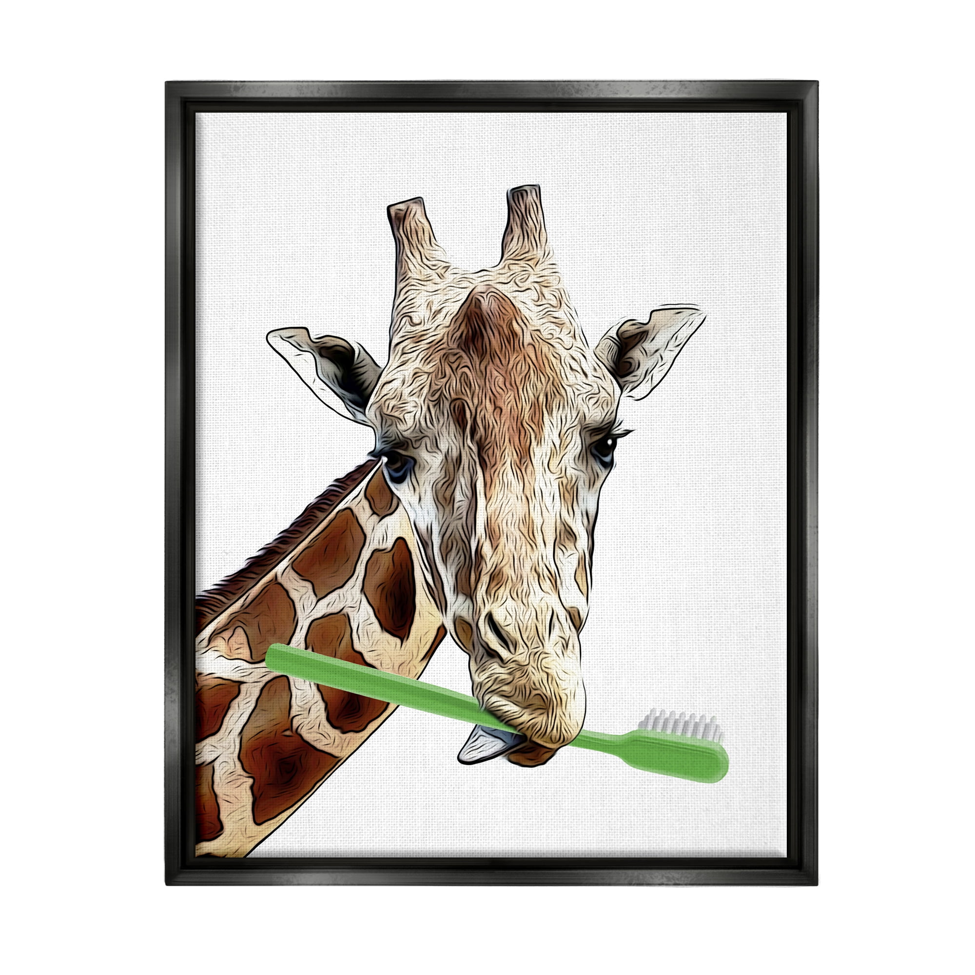 Stupell Industries Giraffe Green Toothbrush Bathroom Animals & Insects Painting Black Floater Framed Art Print Wall Art