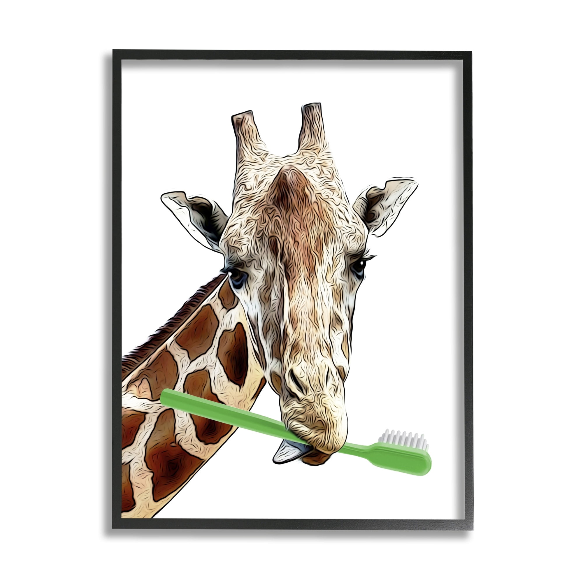 Stupell Industries Giraffe Green Toothbrush Bathroom Animals & Insects Painting Black Framed Art Print Wall Art