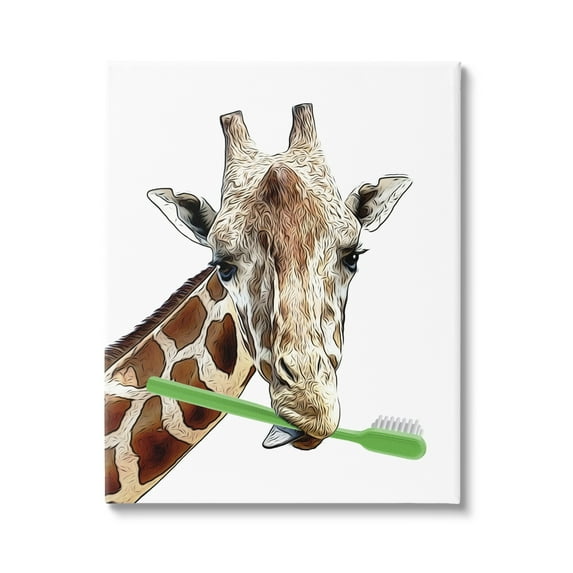 Stupell Industries Giraffe Green Toothbrush Bathroom Animals & Insects Painting Gallery Wrapped Canvas Print Wall Art