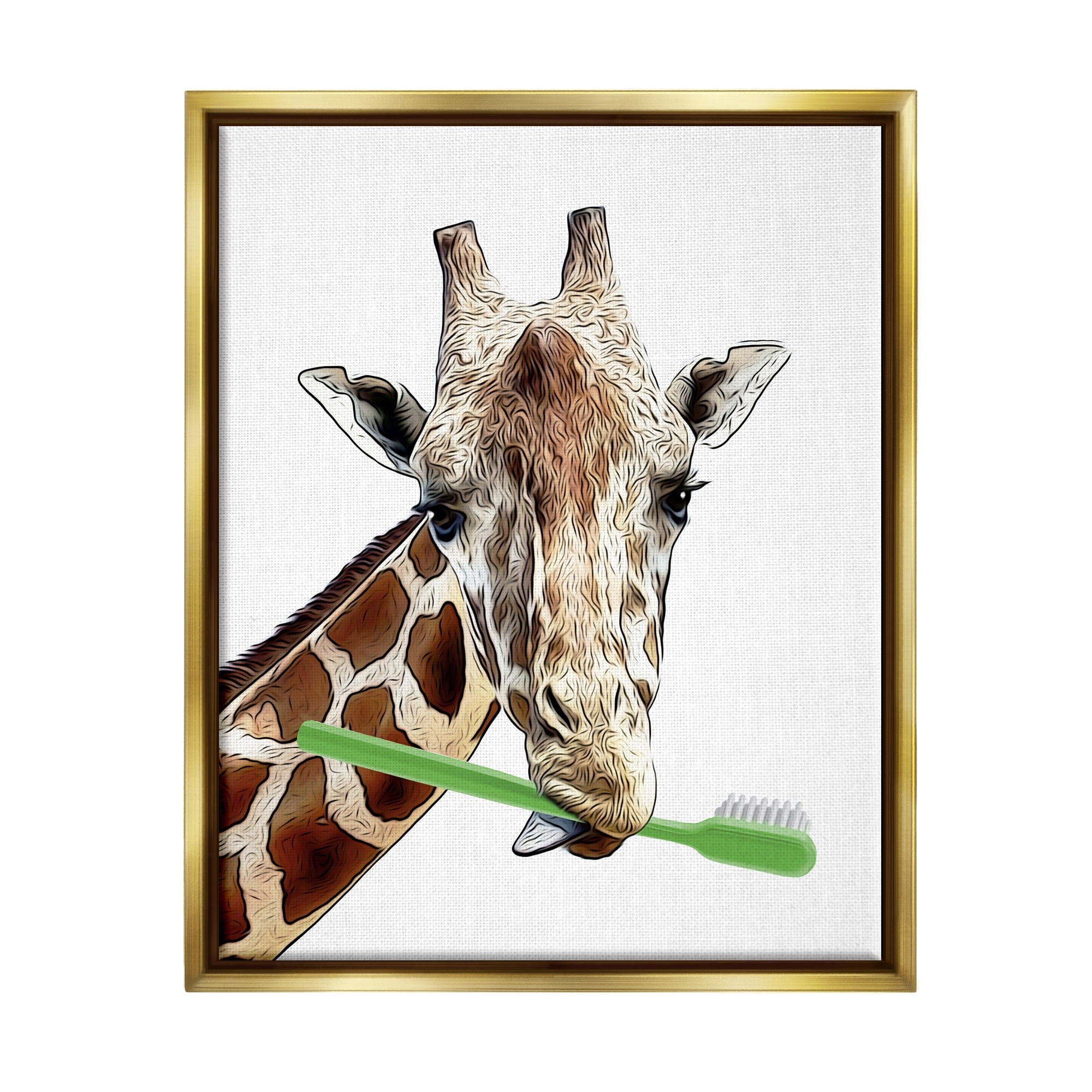 Stupell Industries Giraffe Green Toothbrush Bathroom Animals & Insects Painting Gold Floater Framed Art Print Wall Art