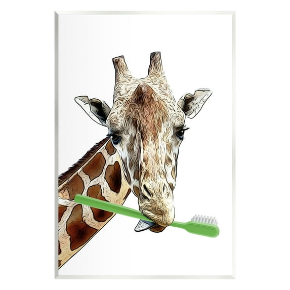 Stupell Industries Giraffe Green Toothbrush Bathroom Animals & Insects Painting Unframed Art Print Wall Art