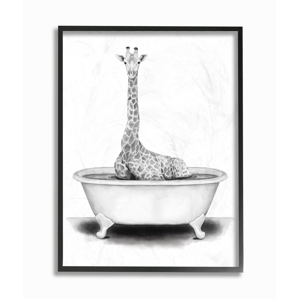 Stupell Industries Giraffe In A Tub Funny Animal Bathroom Drawing Black Framed Art Print Wall Art, 11x14, by Rachel Neiman