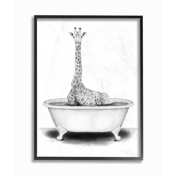 Stupell Industries Giraffe In A Tub Funny Animal Bathroom Drawing Black Framed Art Print Wall Art, 11x14, by Rachel Neiman