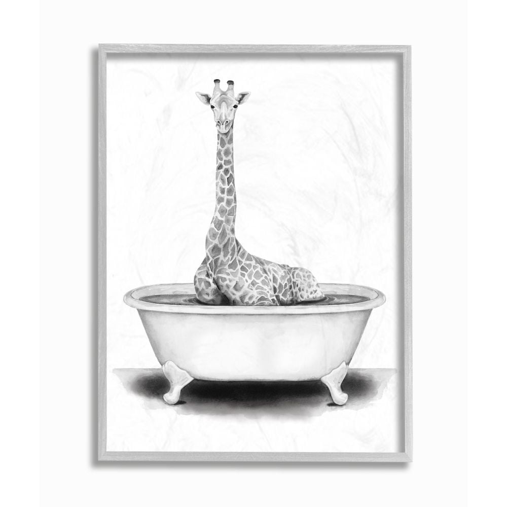 Stupell Industries Giraffe In A Tub Funny Animal Bathroom Drawing Gray Framed Art Print Wall Art, 16x20, by Rachel Neiman