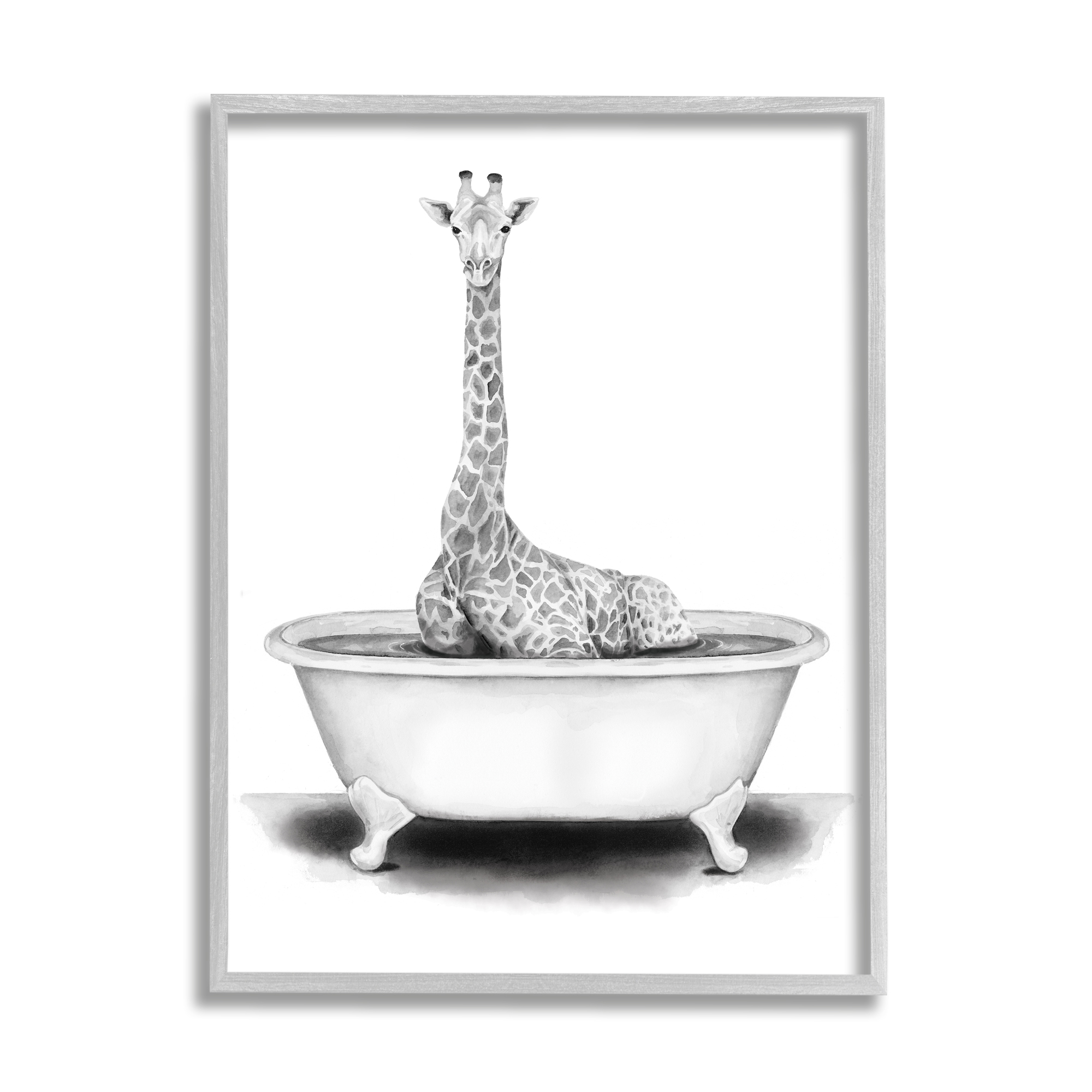 Stupell Industries Giraffe In A Tub Funny Animal Bathroom Drawing Gray Framed Art Print Wall Art, 24x30, by Rachel Neiman