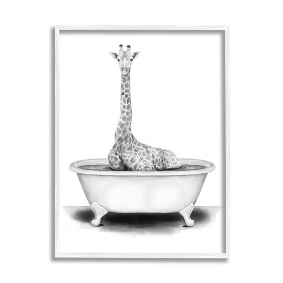 Stupell Industries Giraffe In A Tub Funny Animal Bathroom Drawing White Framed Art Print Wall Art, 16x20, by Rachel Neiman