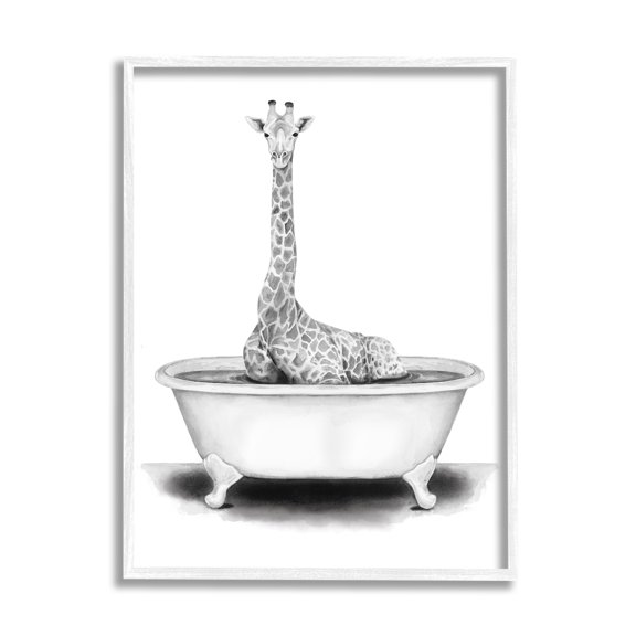 Stupell Industries Giraffe In A Tub Funny Animal Bathroom Drawing White Framed Art Print Wall Art, 24x30, by Rachel Neiman