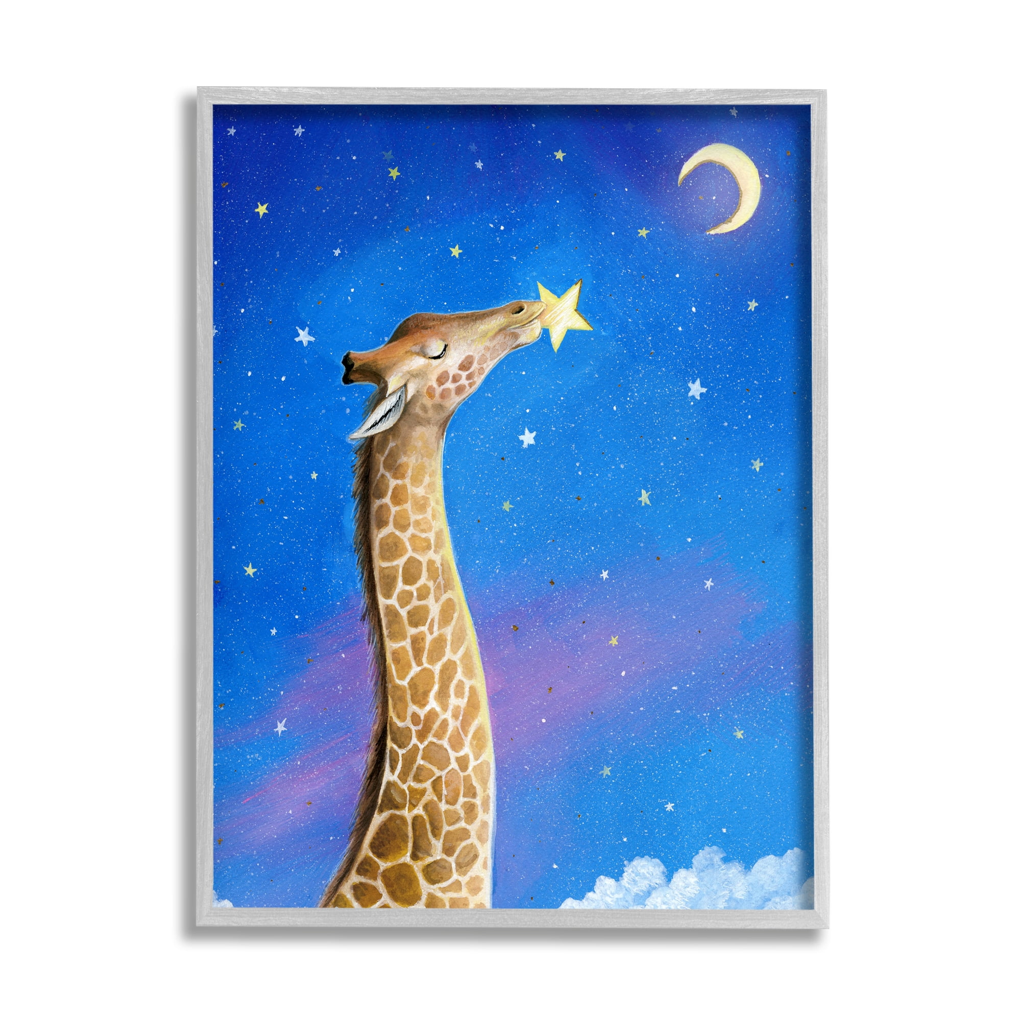 Stupell Industries Giraffe In Night Sky Animals & Insects Painting Gray Framed Art Print Wall Art, 11 x 14