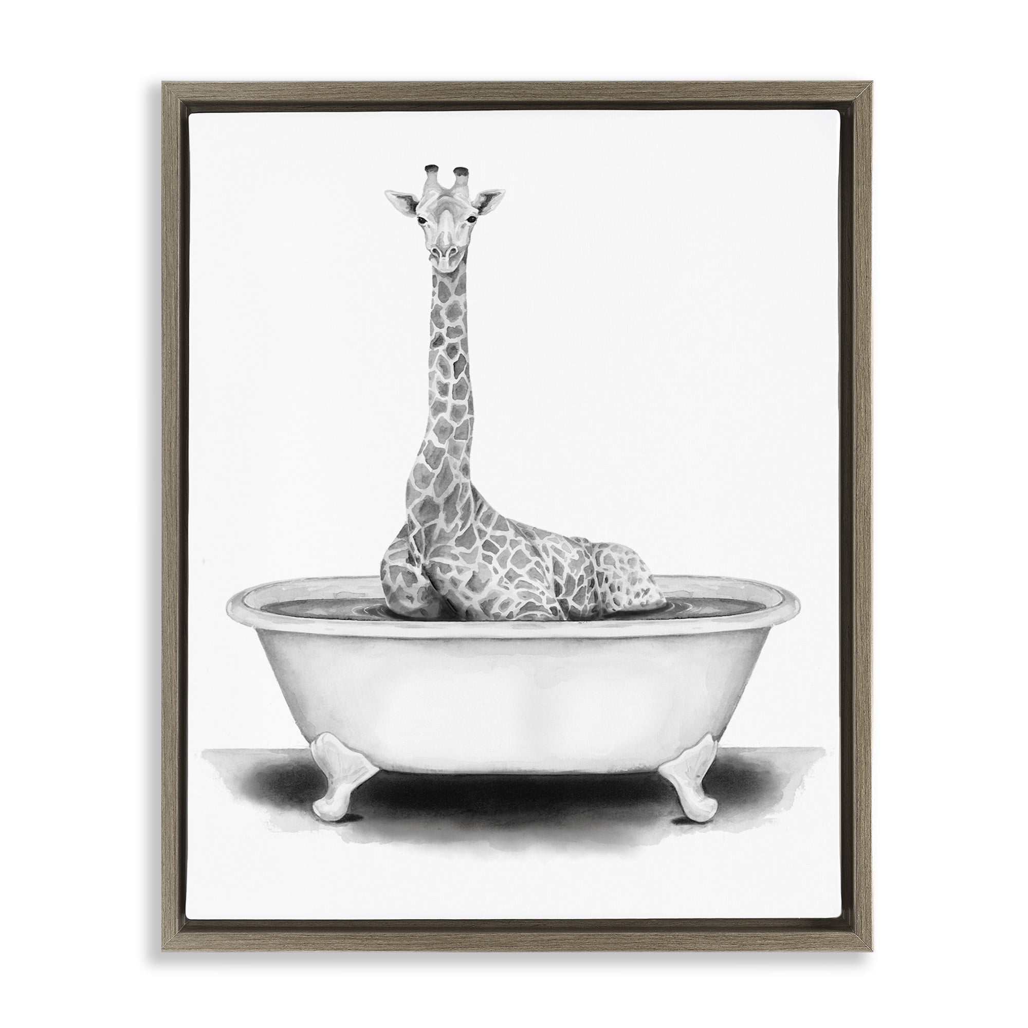 Stupell Industries Giraffe In Tub Funny Animal Bathroom Animals & Insects Painting Brown Floater Framed Canvas Art Print Wall Art, 17 x 21