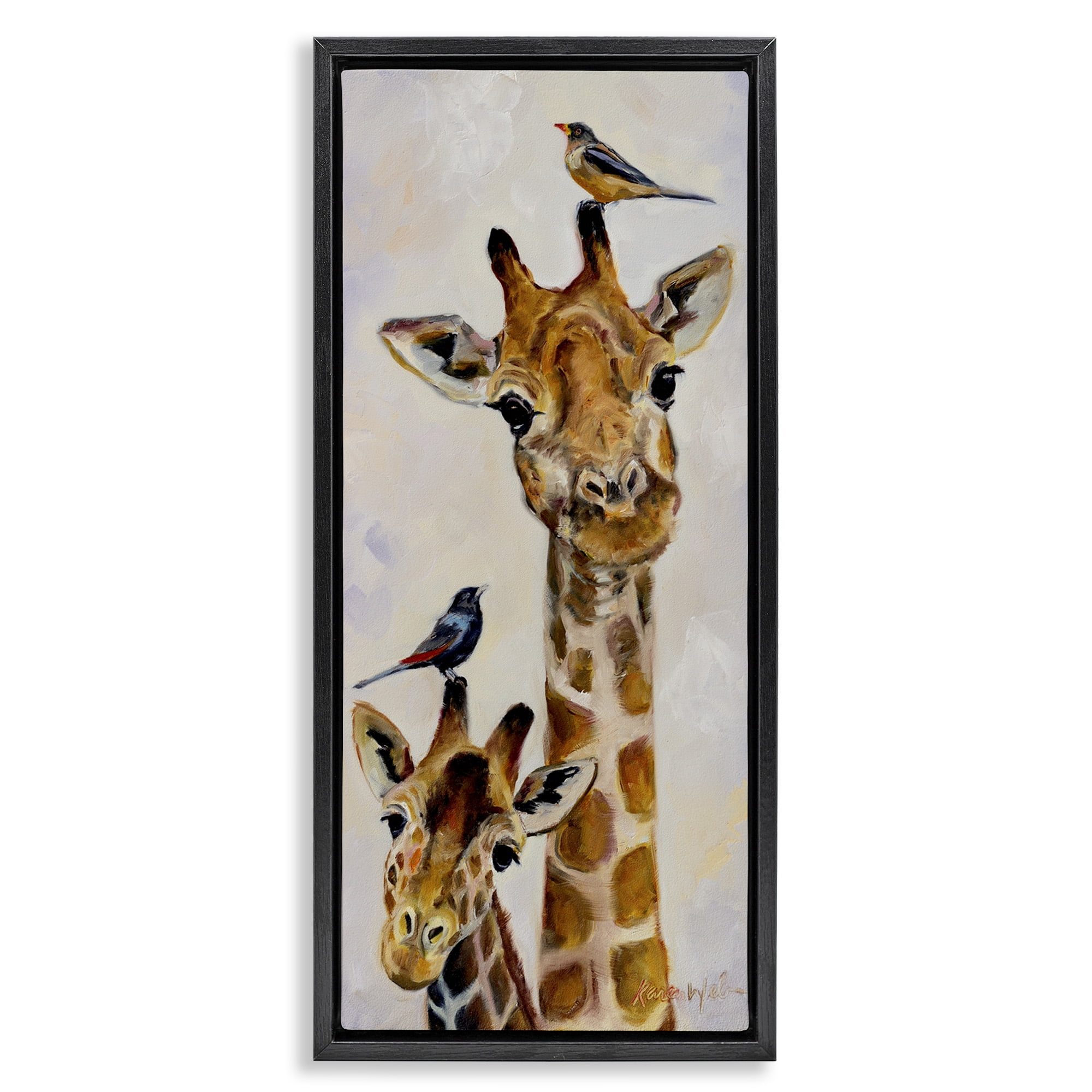 Stupell Industries Giraffe & Perched Birds Animals & Insects Painting Black Floater Framed Canvas Art Print Wall Art, 15 x 31