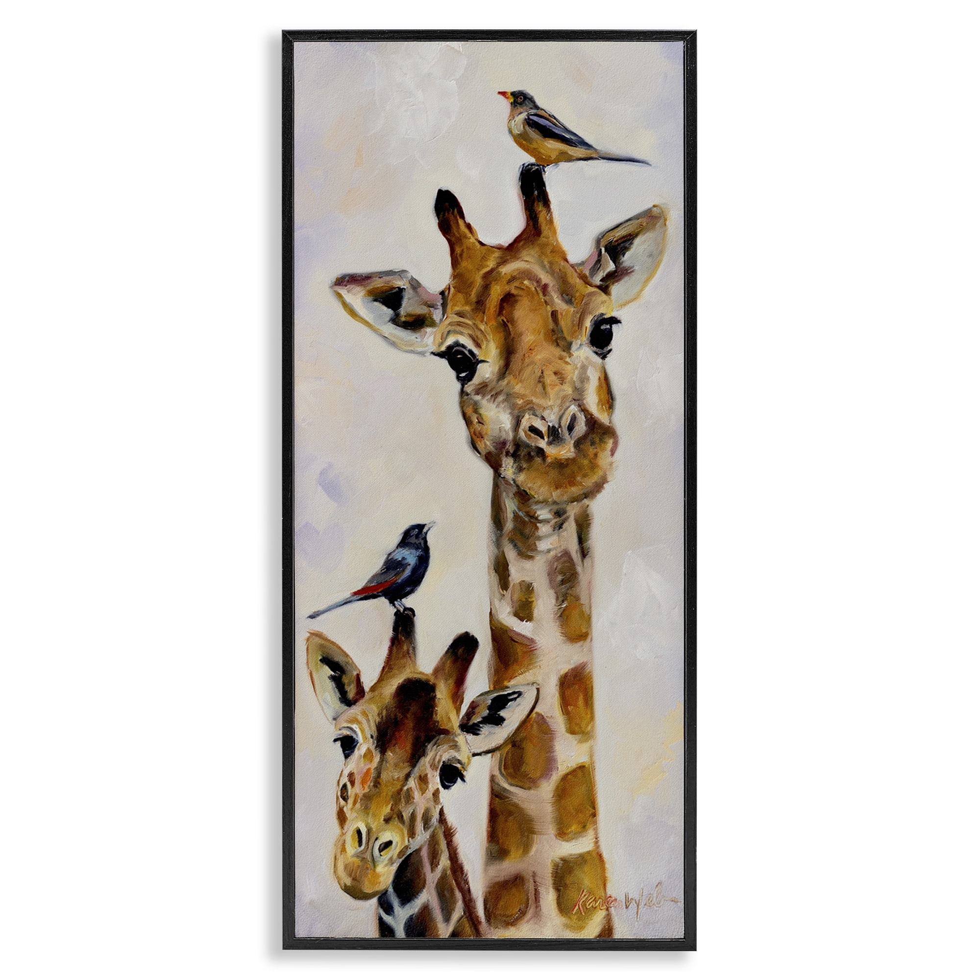 Stupell Industries Giraffe & Perched Birds Animals & Insects Painting Black Framed Art Print Wall Art, 13 x 30