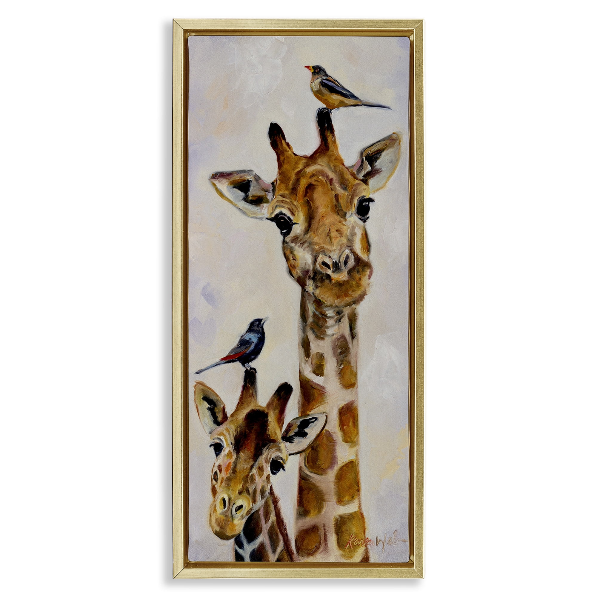 Stupell Industries Giraffe & Perched Birds Animals & Insects Painting Gold Floater Framed Canvas Art Print Wall Art, 15 x 31