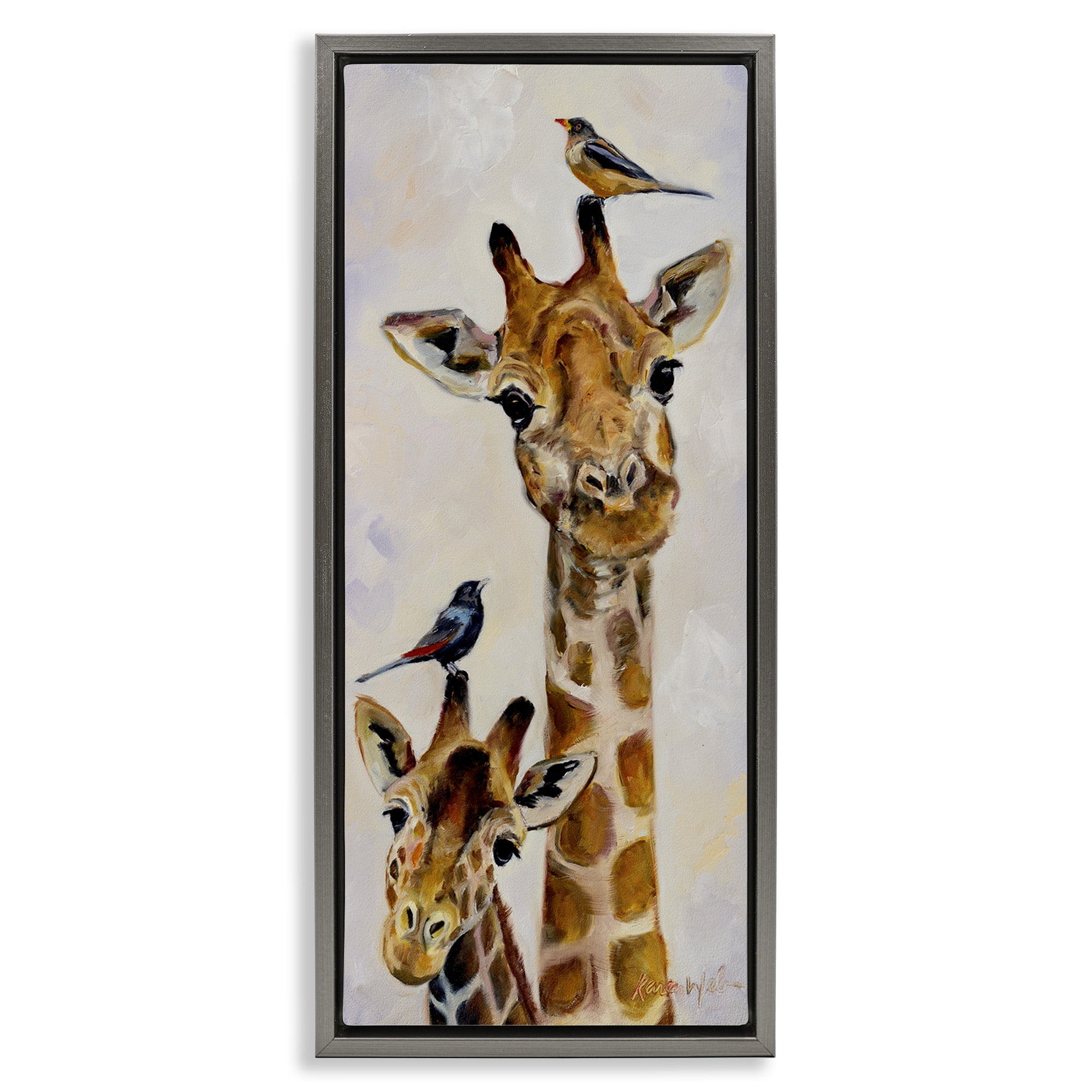 Stupell Industries Giraffe & Perched Birds Animals & Insects Painting Gray Floater Framed Canvas Art Print Wall Art, 11 x 25