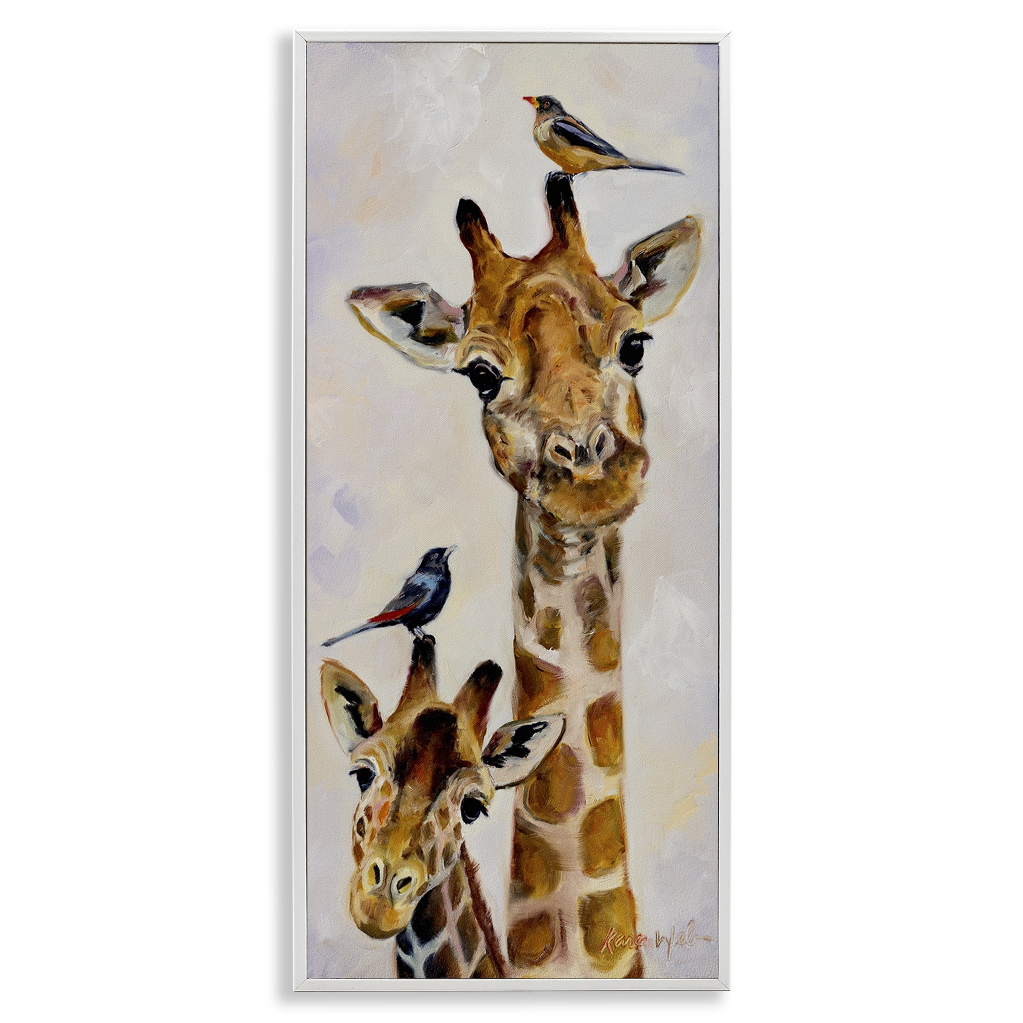 Stupell Industries Giraffe & Perched Birds Animals & Insects Painting White Framed Art Print Wall Art, 10 x 24