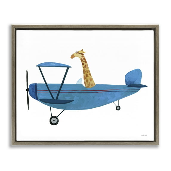 Stupell Industries Giraffe Pilot in Airplane Transportation Painting Brown Floater Framed Canvas Art Print Wall Art, 31 x 25