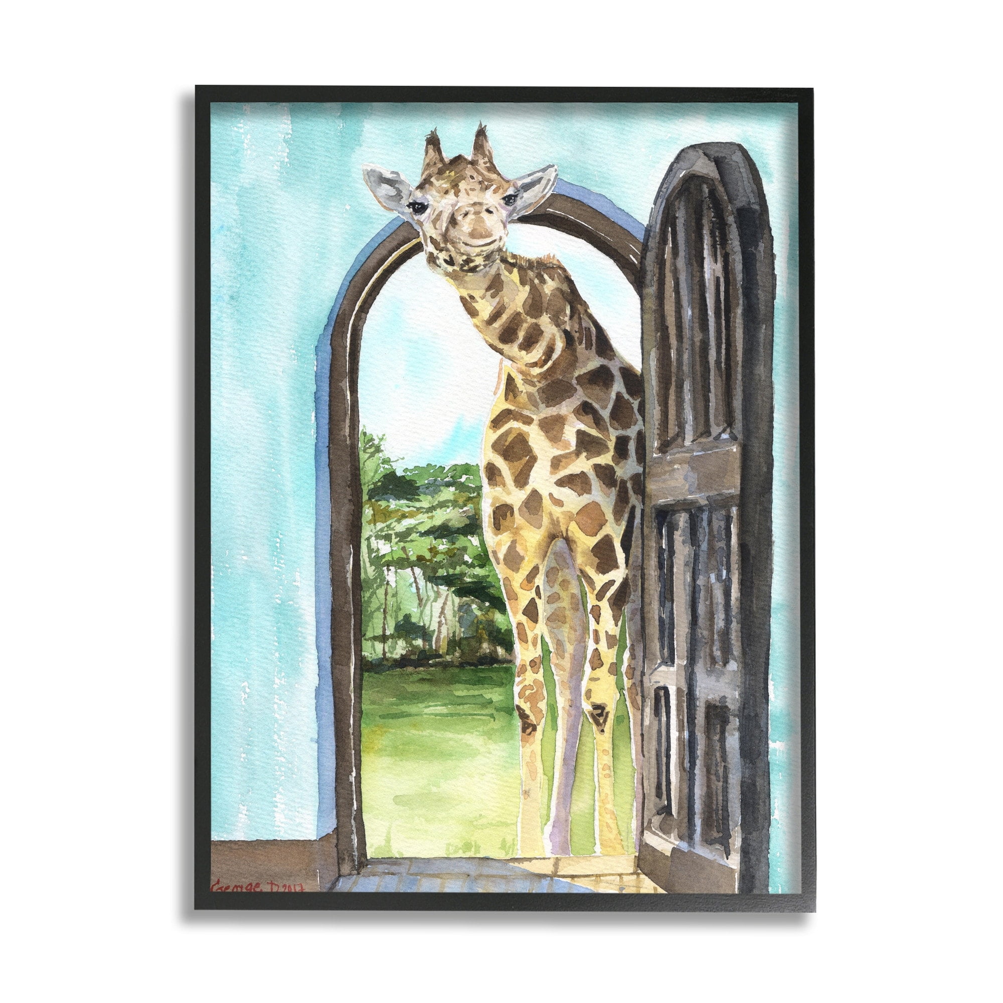 Stupell Industries Giraffe Through Doorway Safari Animal Portrait Black Framed, 24 x 30, Design by George Dyachenko