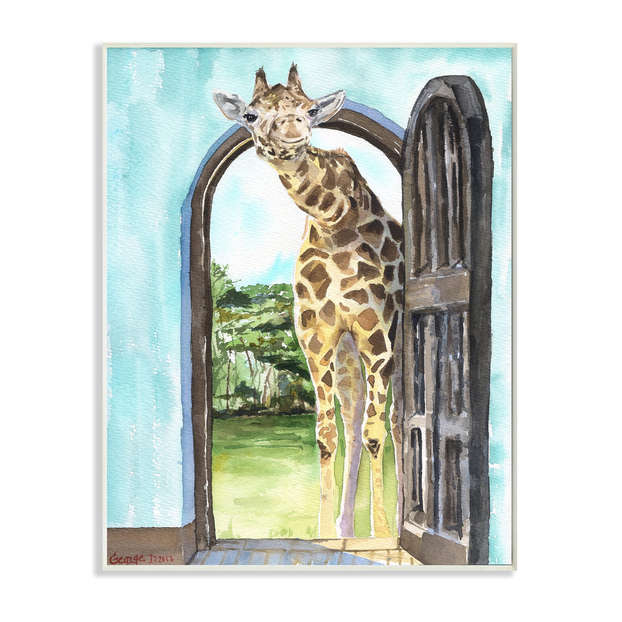 Stupell Industries Giraffe Through Doorway Safari Animal Portrait Wall Plaque, 13 x 19, Design by George Dyachenko