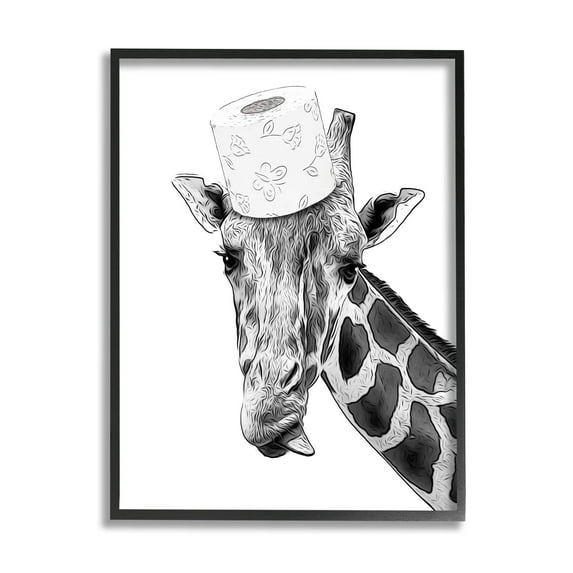 Stupell Industries Giraffe & Toilet Paper Bathroom Animals & Insects Painting Black Framed Art Print Wall Art