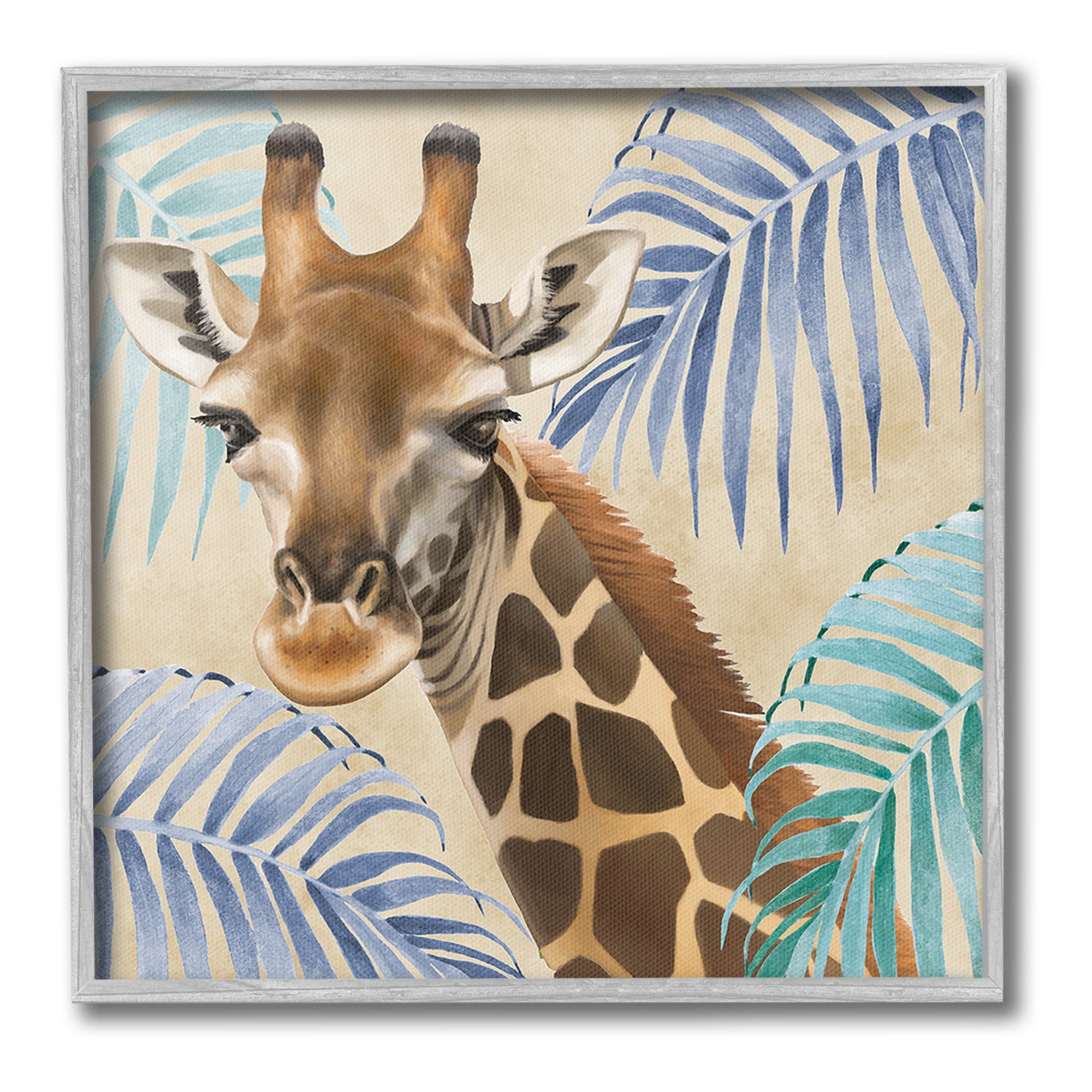 Stupell Industries Giraffe & Tropical Palms Animals & Insects Painting Gray Framed Art Print Wall Art, 17 x 17