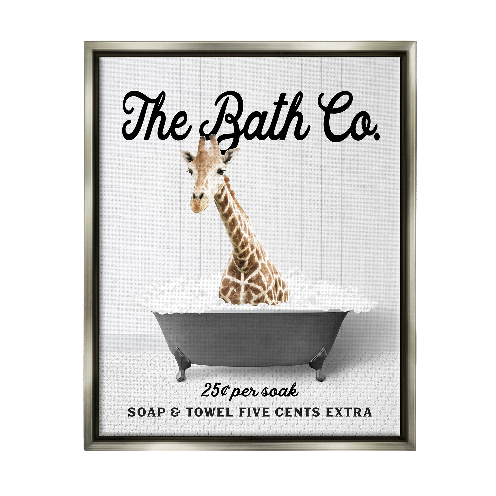 Stupell Industries Giraffe Vintage Bubble Bath Animals & Insects Painting Gray Floater Framed Art Print Wall Art, 25 x 31