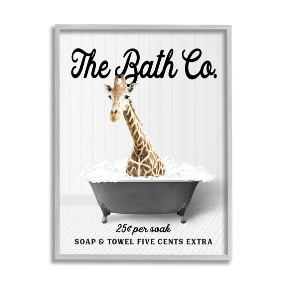 Stupell Industries Giraffe Vintage Bubble Bath Animals & Insects Painting Gray Framed Art Print Wall Art, 24 x 30