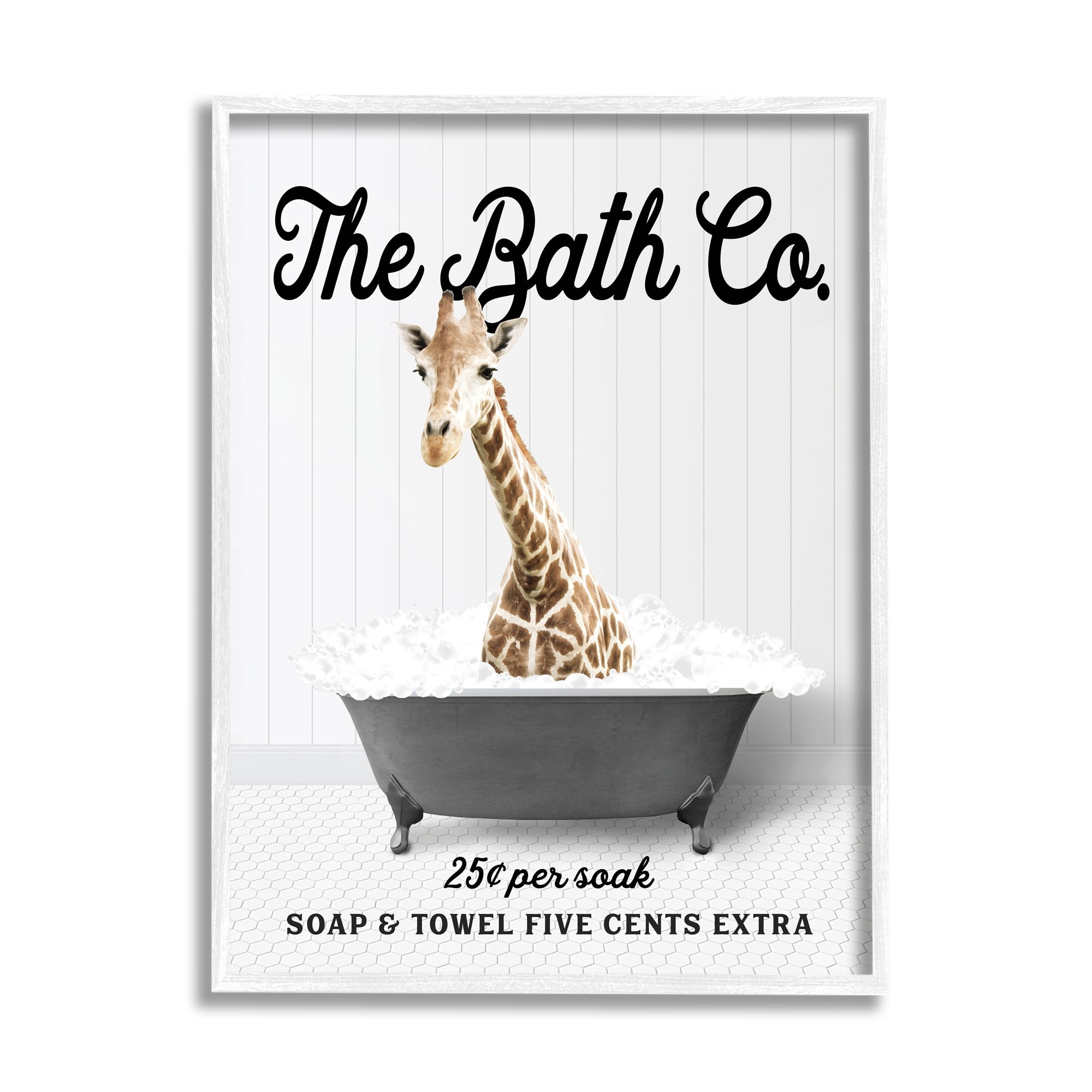 Stupell Industries Giraffe Vintage Bubble Bath Animals & Insects Painting White Framed Art Print Wall Art, 24 x 30
