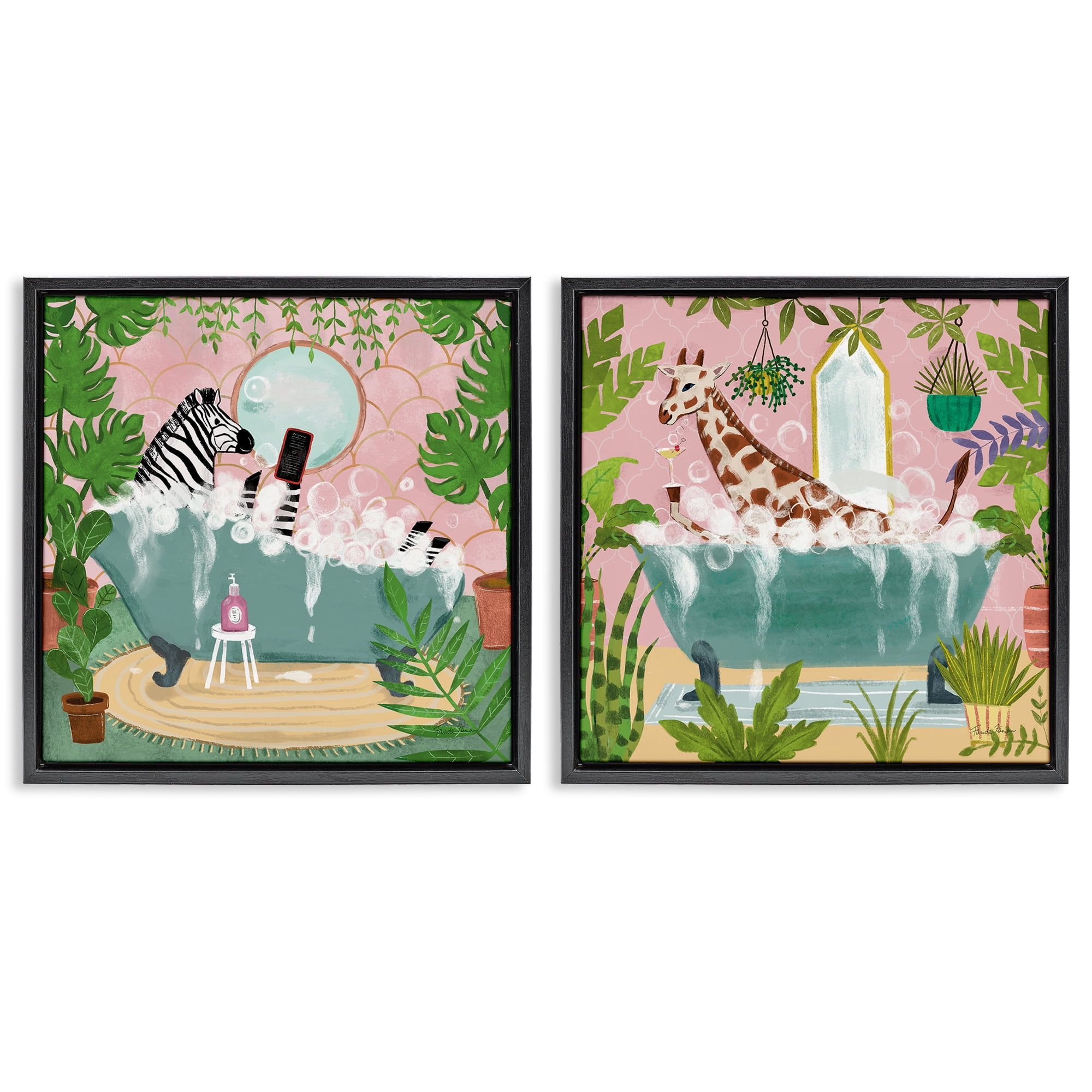 Stupell Industries Giraffe Zebra Safari Animal Tub Bath & Laundry Painting Black Floater Framed Canvas Art Print Wall Art, 18 x 18, Set of 2
