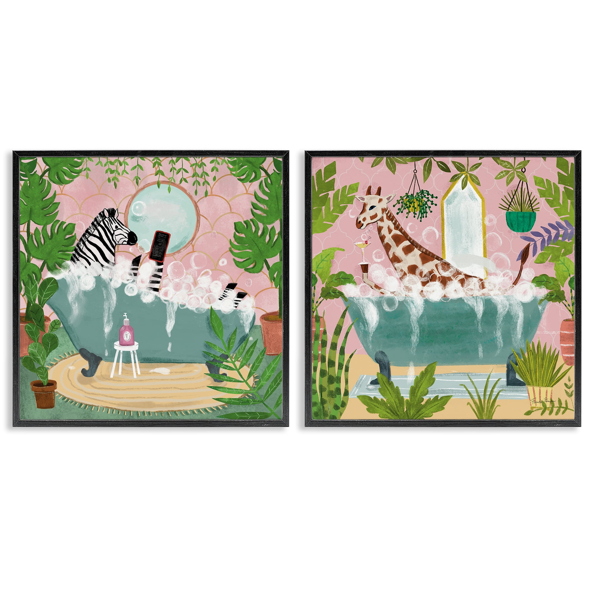 Stupell Industries Giraffe Zebra Safari Animal Tub Bath & Laundry Painting Black Framed Art Print Wall Art, 17 x 17, Set of 2