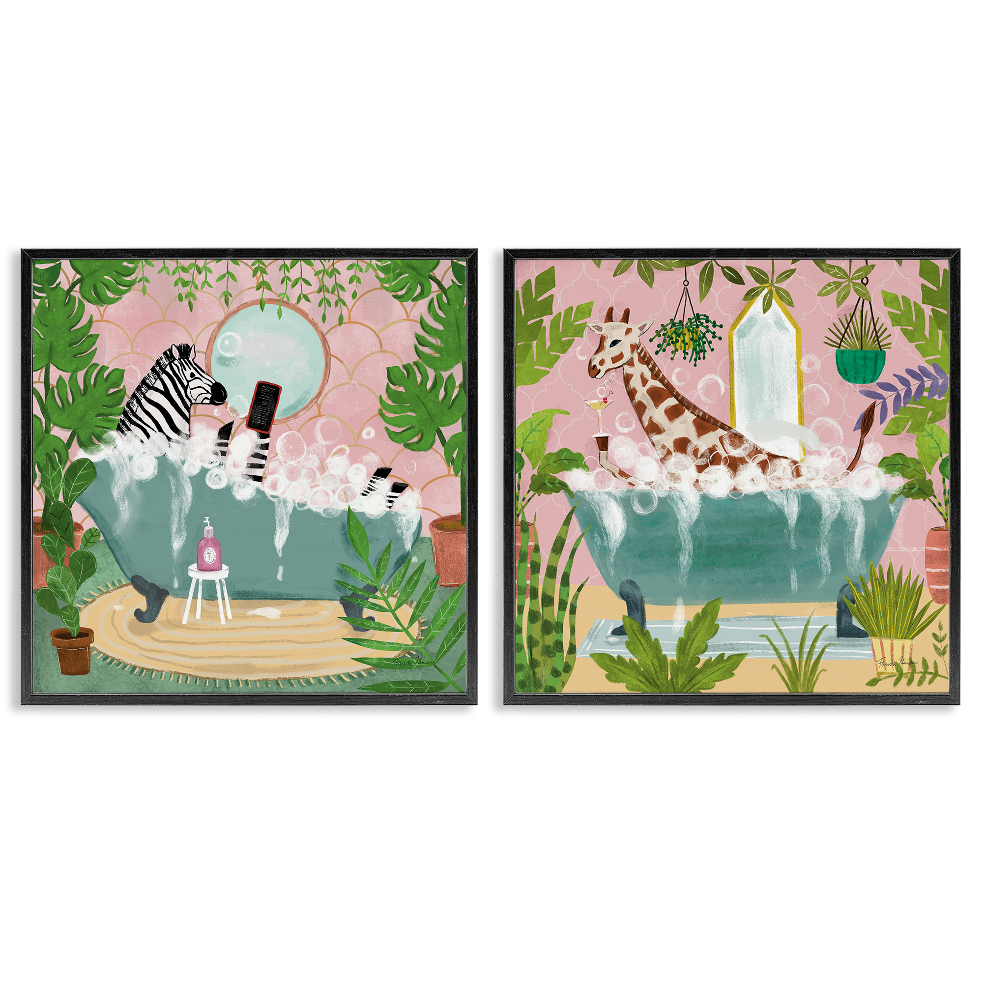 Stupell Industries Giraffe Zebra Safari Animal Tub Bath & Laundry Painting Black Framed Art Print Wall Art, 24 x 24, Set of 2