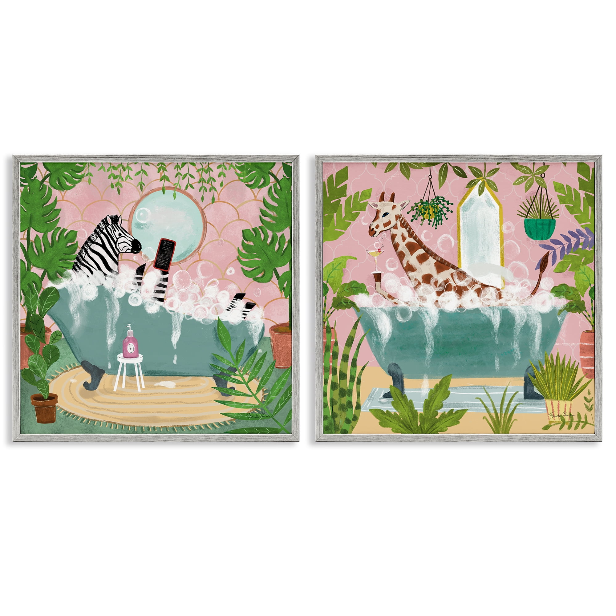 Stupell Industries Giraffe Zebra Safari Animal Tub Bath & Laundry Painting Gray Framed Art Print Wall Art, 24 x 24, Set of 2
