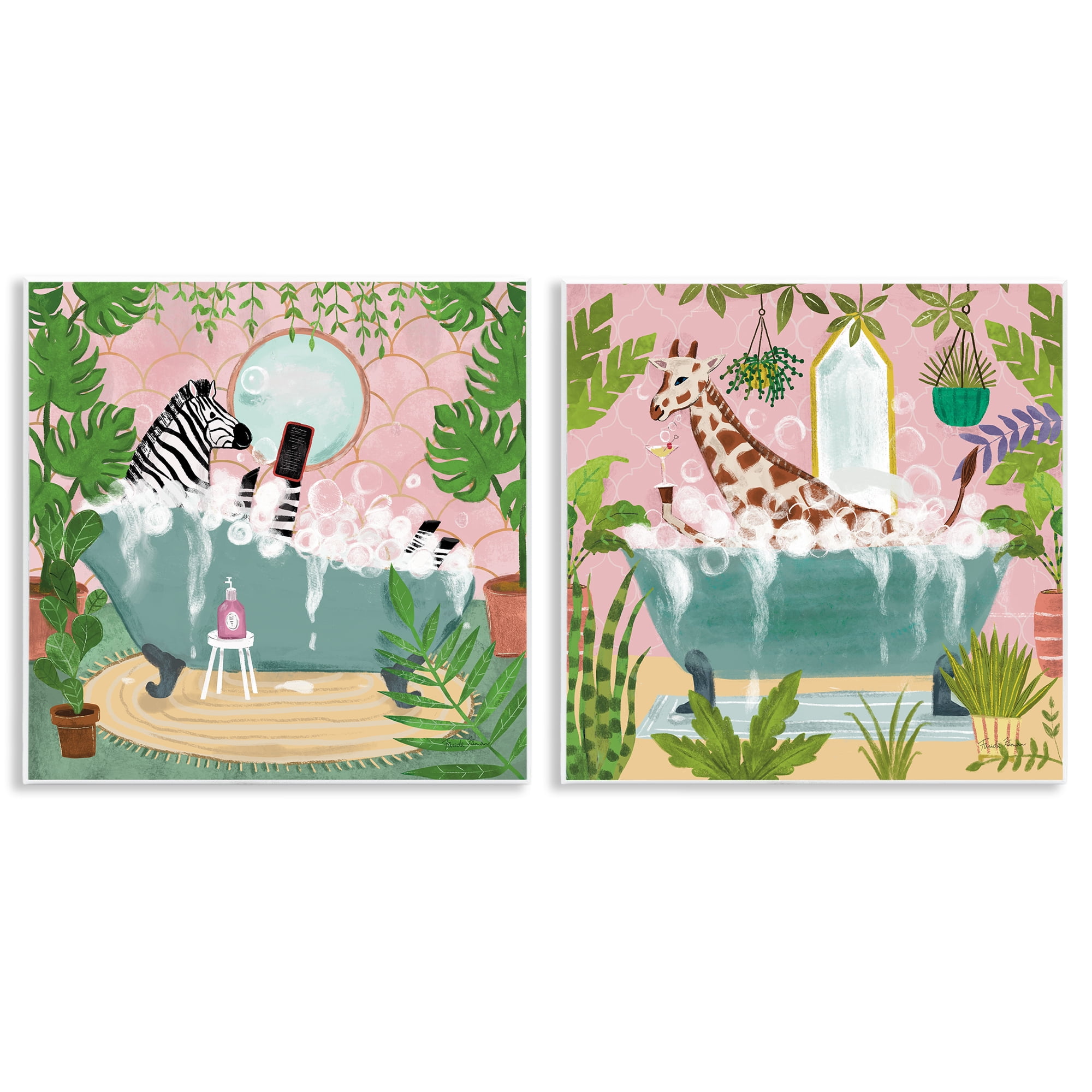 Stupell Industries Giraffe Zebra Safari Animal Tub Bath & Laundry Painting Unframed Art Print Wall Art, 12 x 12, Set of 2