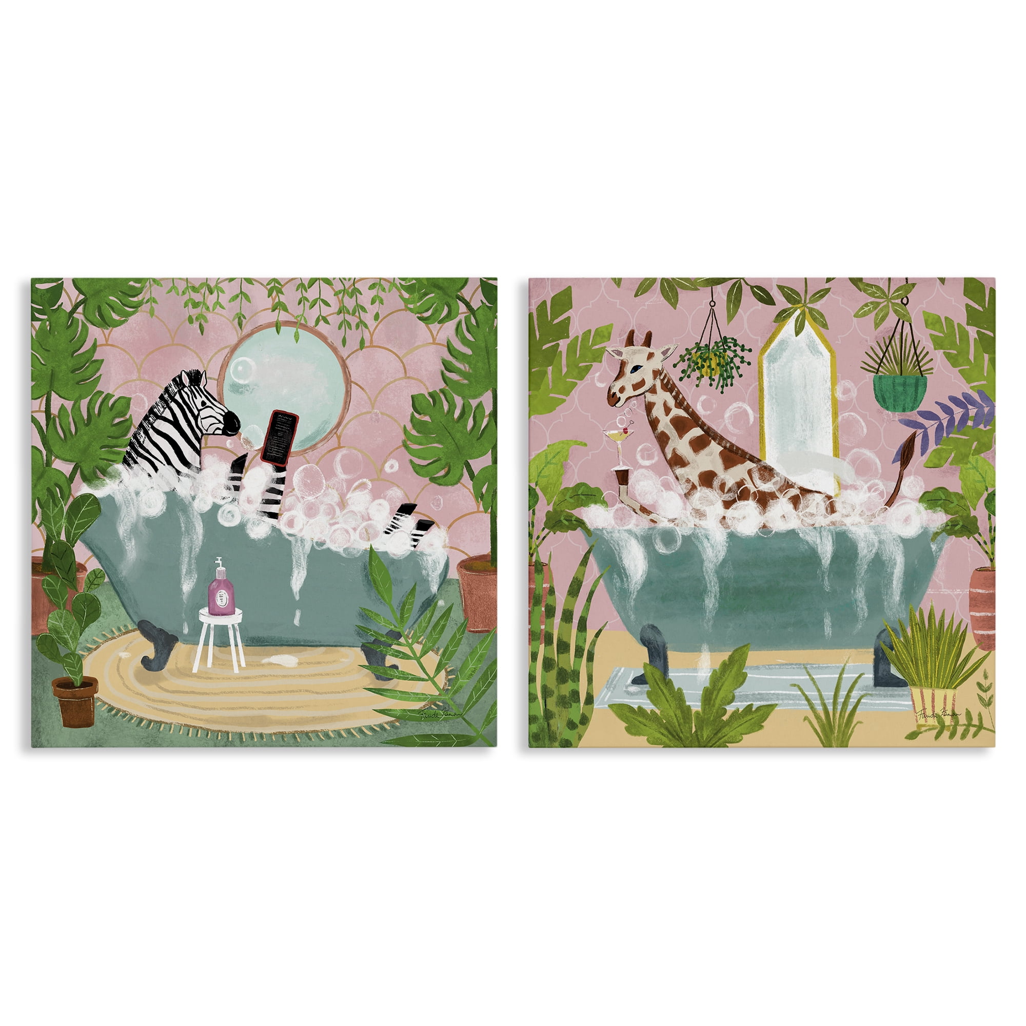 Stupell Industries Giraffe Zebra Safari Animal Tub Bath & Laundry Painting Wrapped Canvas Art Print Wall Art, 17 x 17, Set of 2