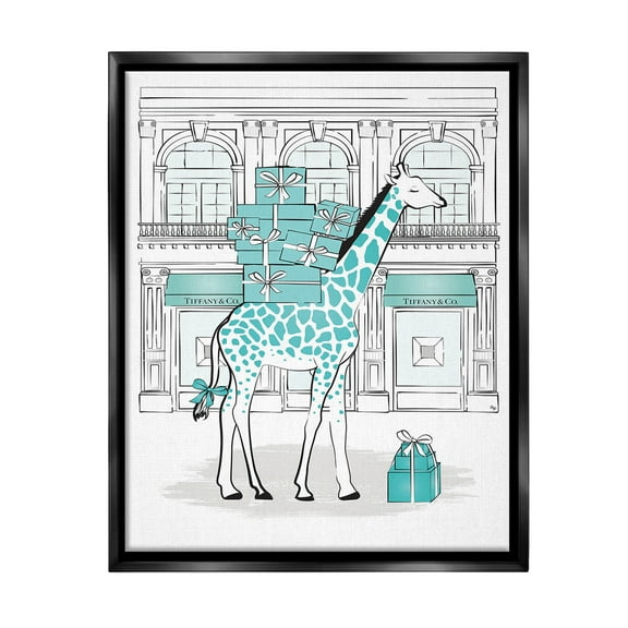Stupell Industries Giraffe at Glam Storefront Animals & Insects Painting Black Floater Framed Canvas Art Print Wall Art, 17 x 21