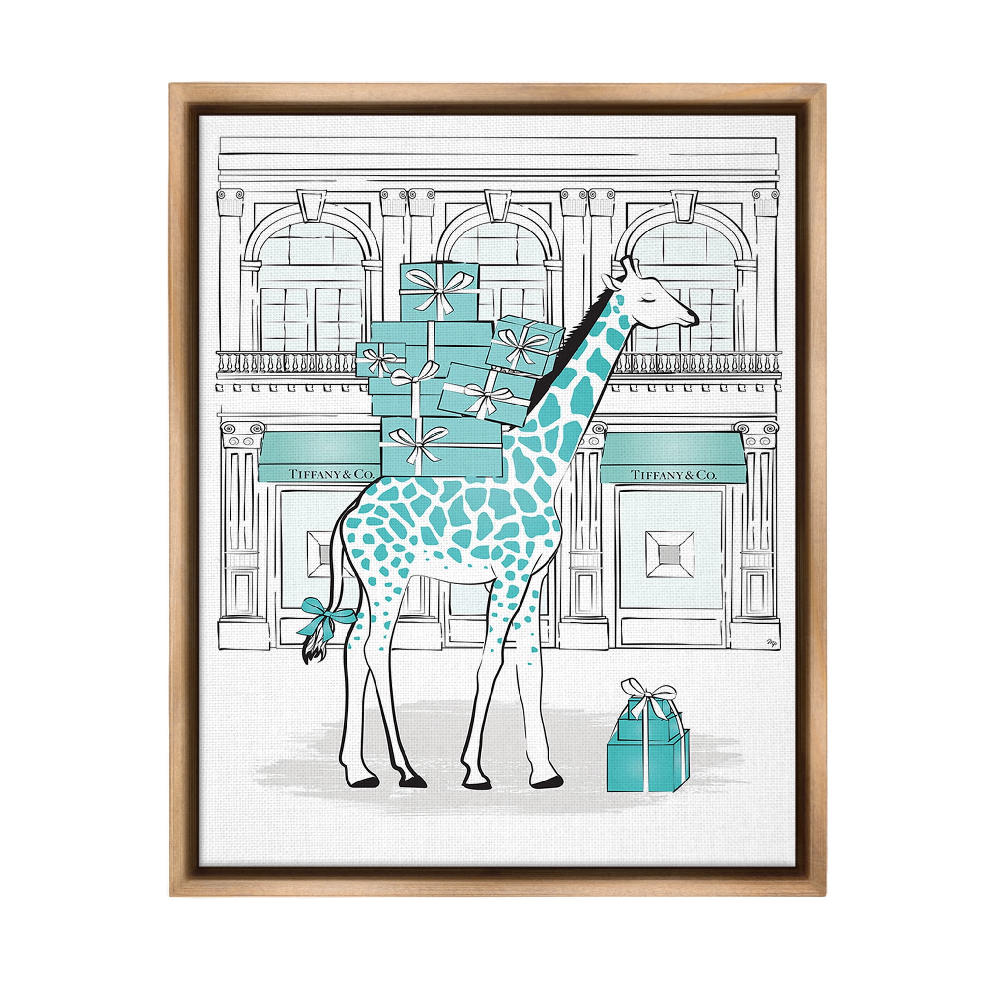 Stupell Industries Giraffe at Glam Storefront Animals & Insects Painting Brown Floater Framed Canvas Art Print Wall Art, 17 x 21