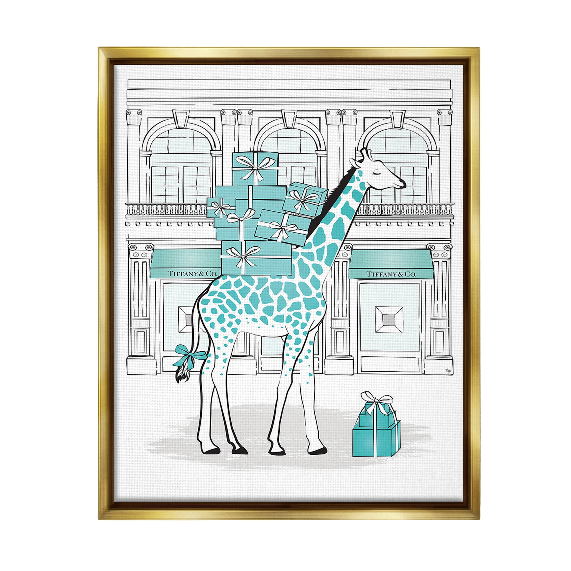 Stupell Industries Giraffe at Glam Storefront Animals & Insects Painting Gold Floater Framed Canvas Art Print Wall Art, 25 x 31