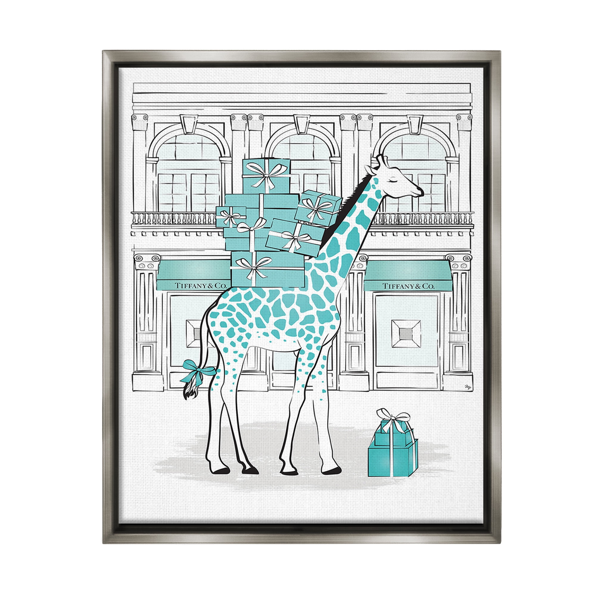 Stupell Industries Giraffe at Glam Storefront Animals & Insects Painting Gray Floater Framed Canvas Art Print Wall Art, 17 x 21
