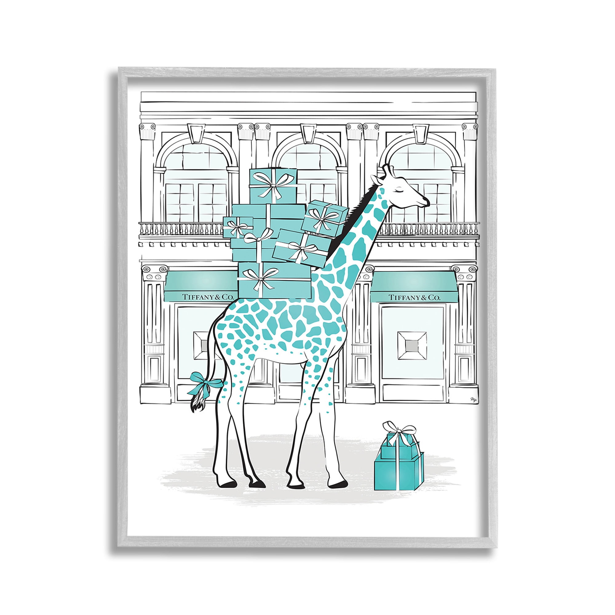 Stupell Industries Giraffe at Glam Storefront Animals & Insects Painting Gray Framed Art Print Wall Art, 11 x 14