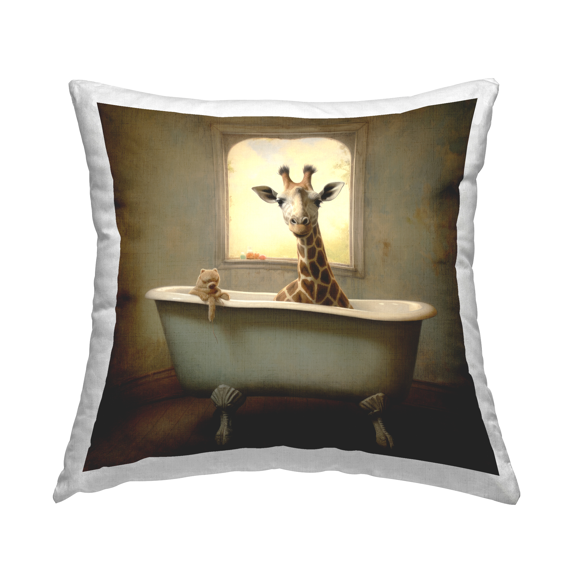 Stupell Industries Giraffe in Antique Bathroom Decorative Printed Throw Pillow, 18 x 18