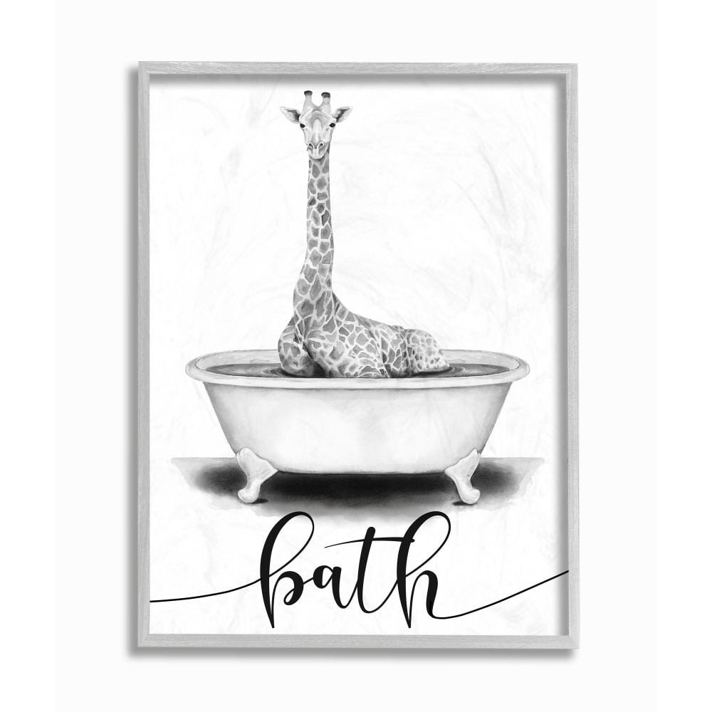 Stupell Industries Giraffe in Bath Sketch Bathroom Cleanliness Sign Framed Wall Art Design by Rachel Nieman, 11" x 14", Gray Framed
