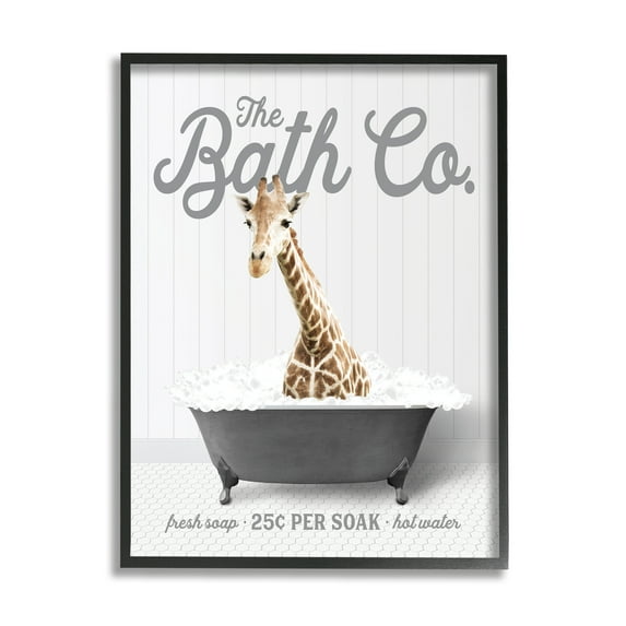 Stupell Industries Giraffe in Bubble Bath Animals & Insects Painting Black Framed Art Print Wall Art, 16 x 20