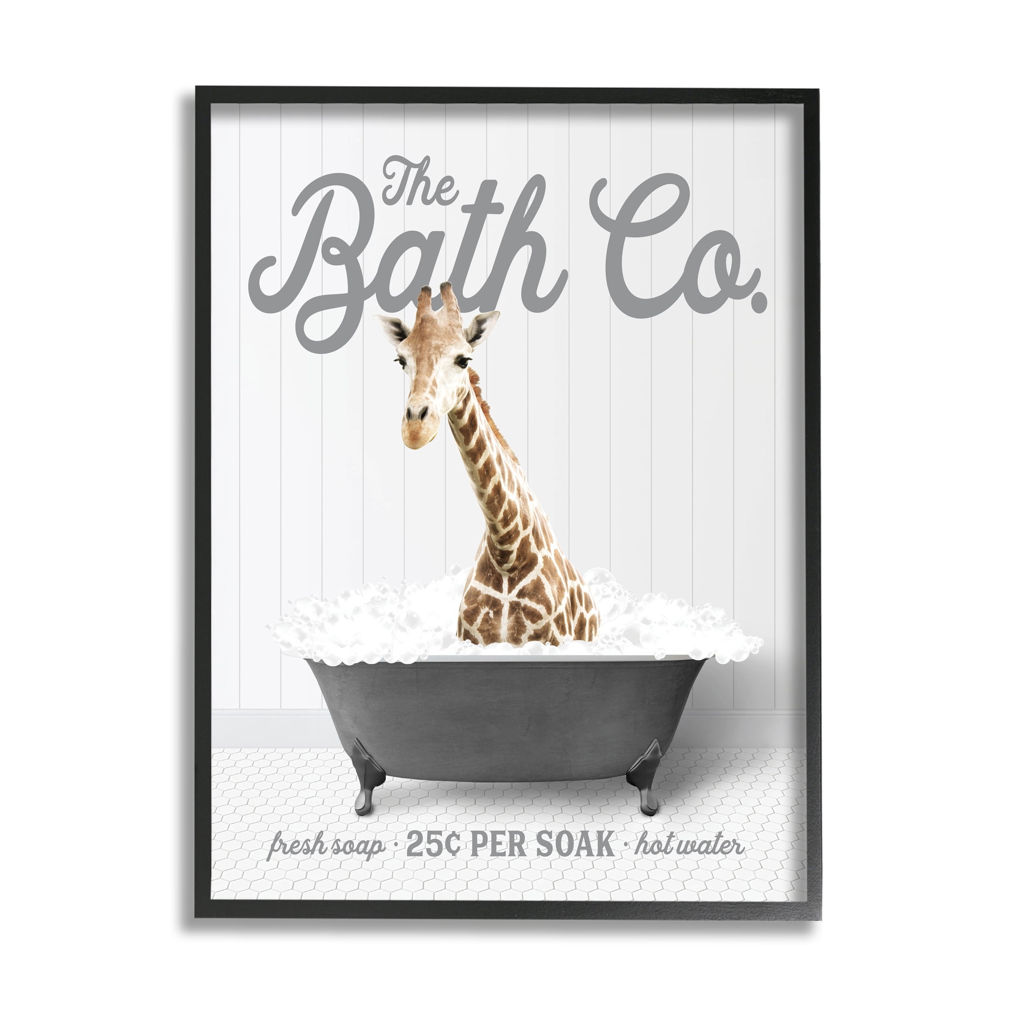 Stupell Industries Giraffe in Bubble Bath Animals & Insects Painting Black Framed Art Print Wall Art, 24 x 30