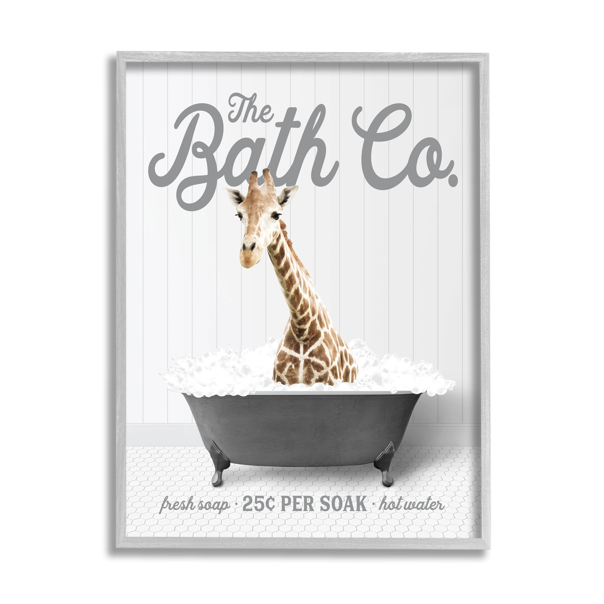 Stupell Industries Giraffe in Bubble Bath Animals & Insects Painting Gray Framed Art Print Wall Art, 11 x 14