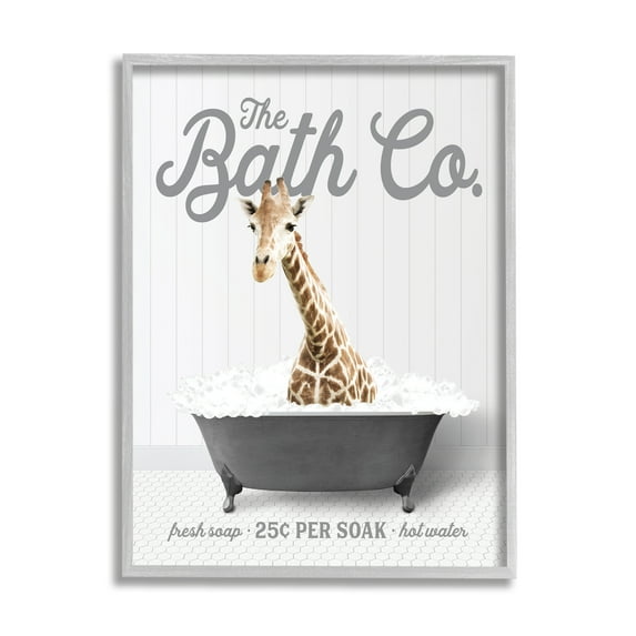 Stupell Industries Giraffe in Bubble Bath Animals & Insects Painting Gray Framed Art Print Wall Art, 24 x 30