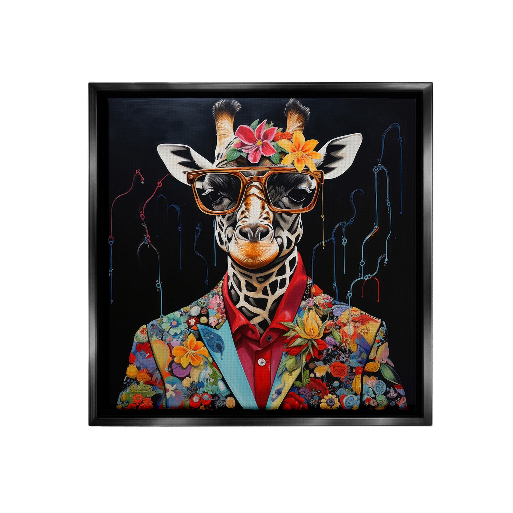 Stupell Industries Giraffe in Floral Suit Animals & Insects Painting Black Floater Framed Canvas Art Print Wall Art, 25 x 25